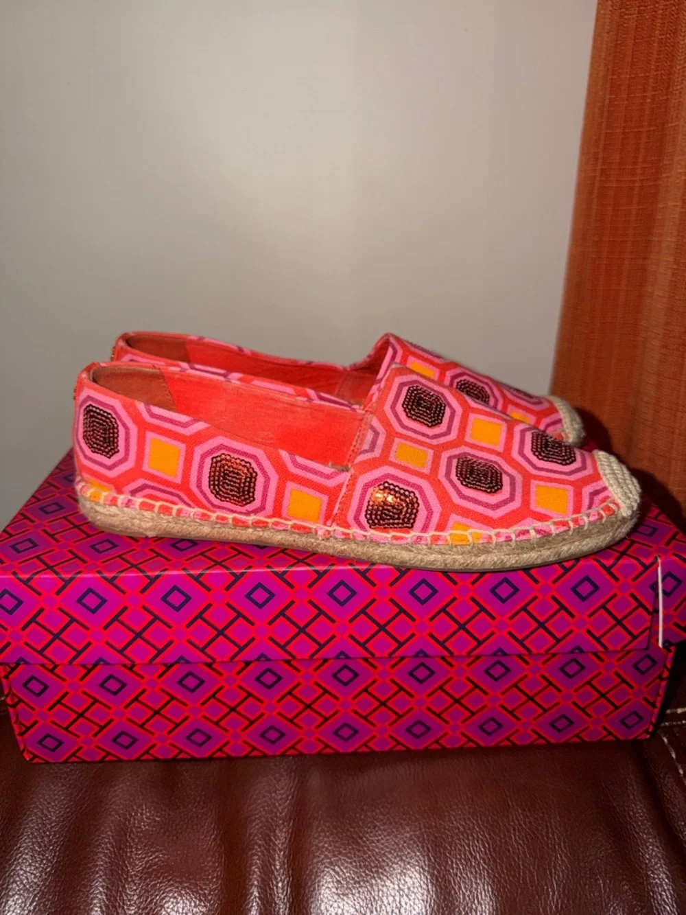 ‼️Tory Burch Cecily Embellished Espadrilles Flats geometric print with sequins